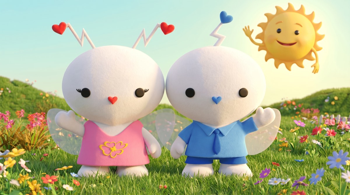 Mr and Mrs LuvBug standing together in a meadow of flowers